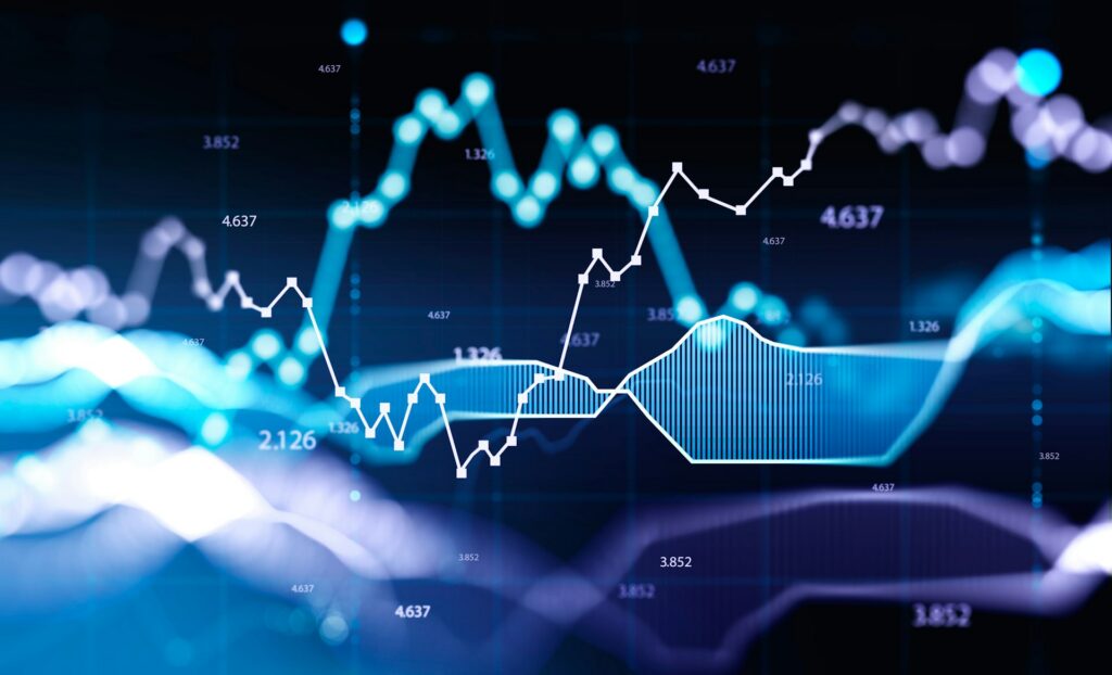 A bright blue rendering of stock market trends in graph form, representing stockbroker and financial advisor negligence in Ontario.